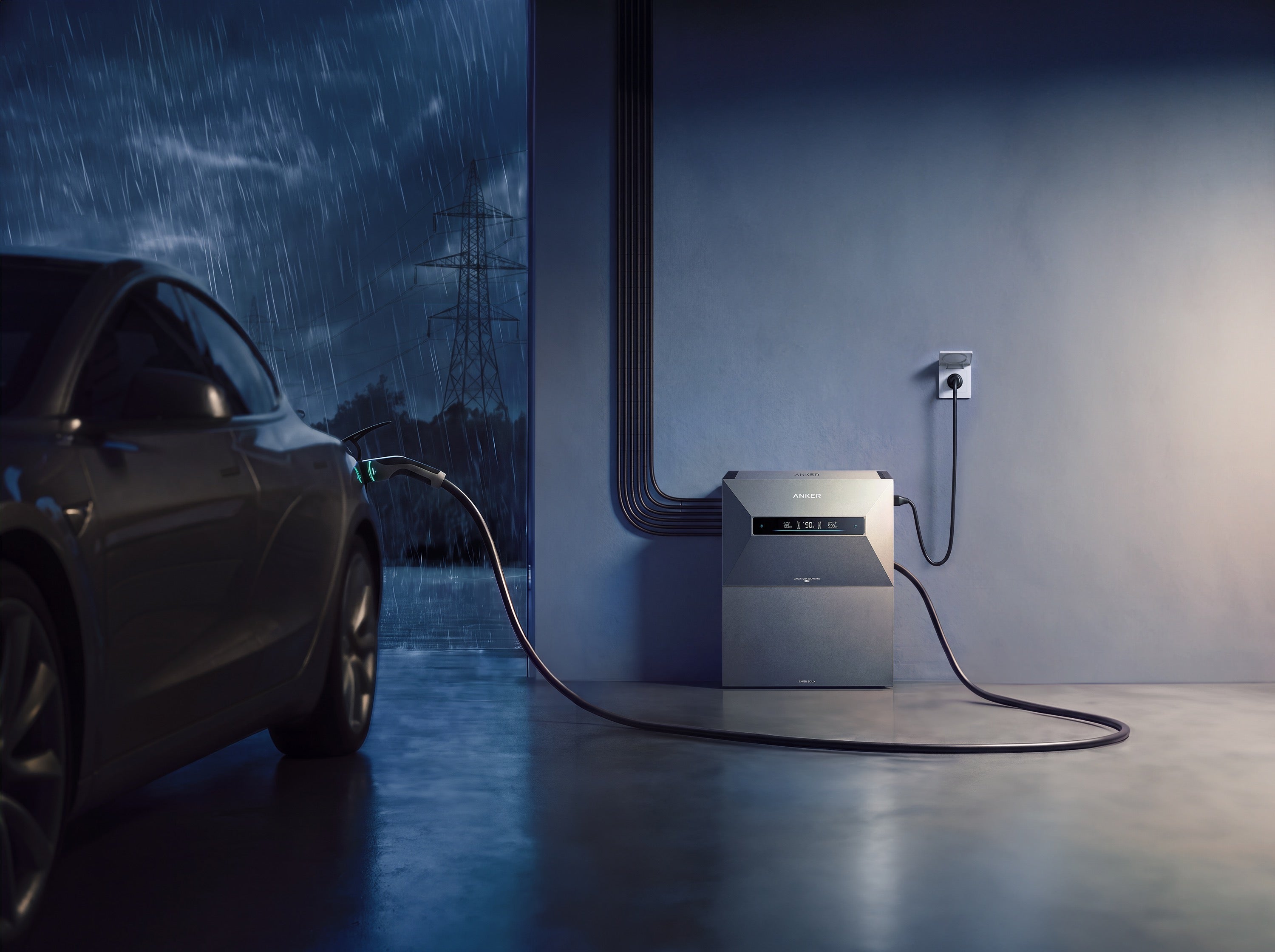 Anker SOLIX Solarbank Max mit Erweiterungsbatterie beim Laden eines Elektroautos