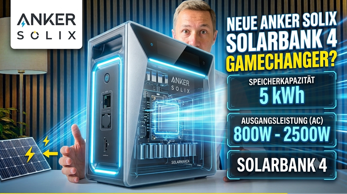 Video laden: Produktvorstellung der Anker SOLIX Solarbank 4 E5000 Pro mit 5 kWh Speicherkapazität, bis zu 5.000 W PV-Eingangsleistung, vier MPPT-Trackern, Smart Meter Gen 2 und optional bis zu 2.500 W Ausgangsleistung. Das Video zeigt Aufbau, Anschlüsse, Funktionen, Erweiterungsmöglichkeiten und Einsatzbereiche des modularen Balkonkraftwerk-Speichers.