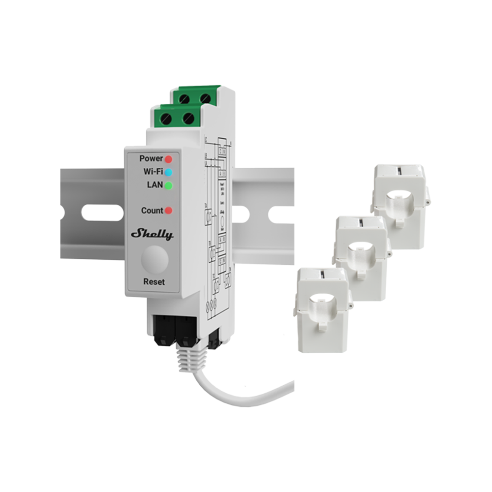 Shelly Pro 3EM 120A Komplettset mit drei Stromwandlern für 3-Phasen-Messung