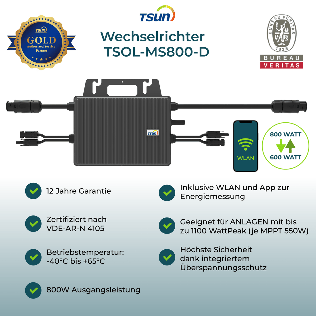 TSUN Wechselrichter 800 Watt TSOL - MS800 - D + WIFI - PluginEnergy